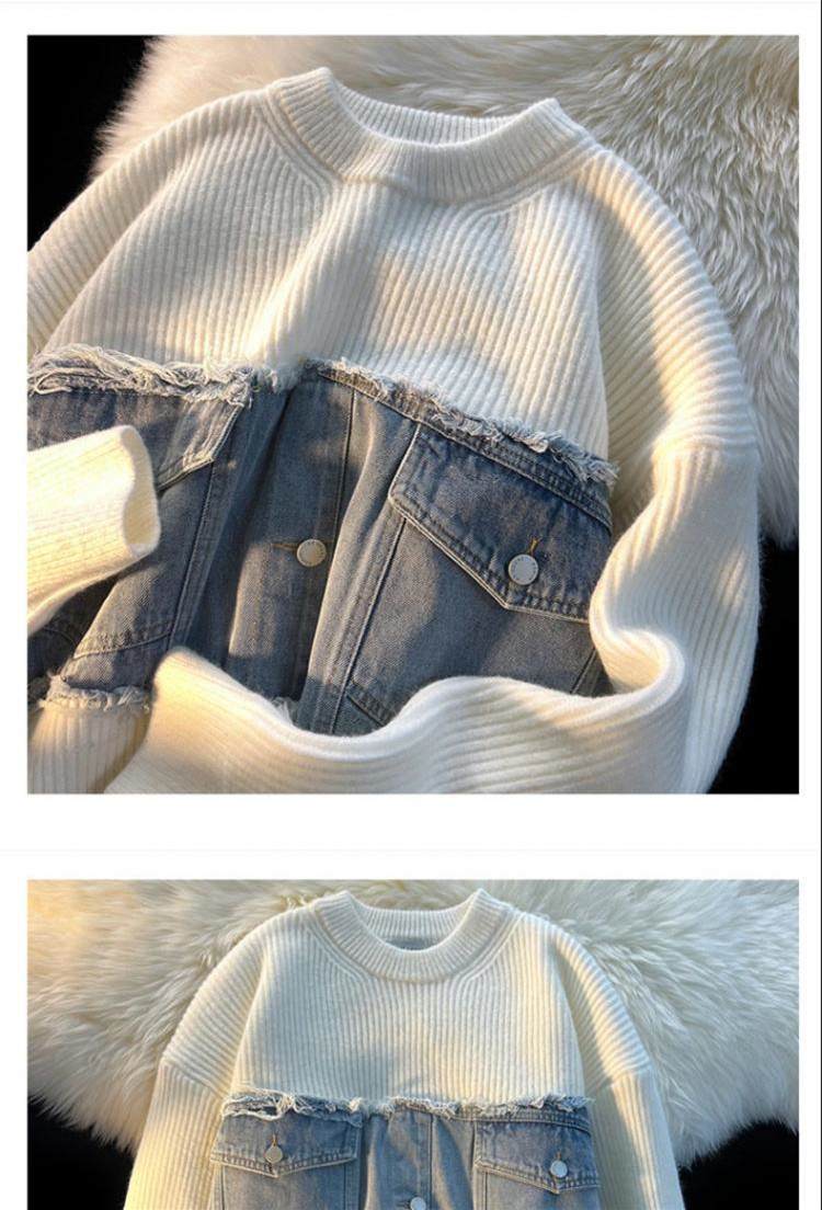 Denim Splicing Knitwear Male Early Autumn Sweater 6