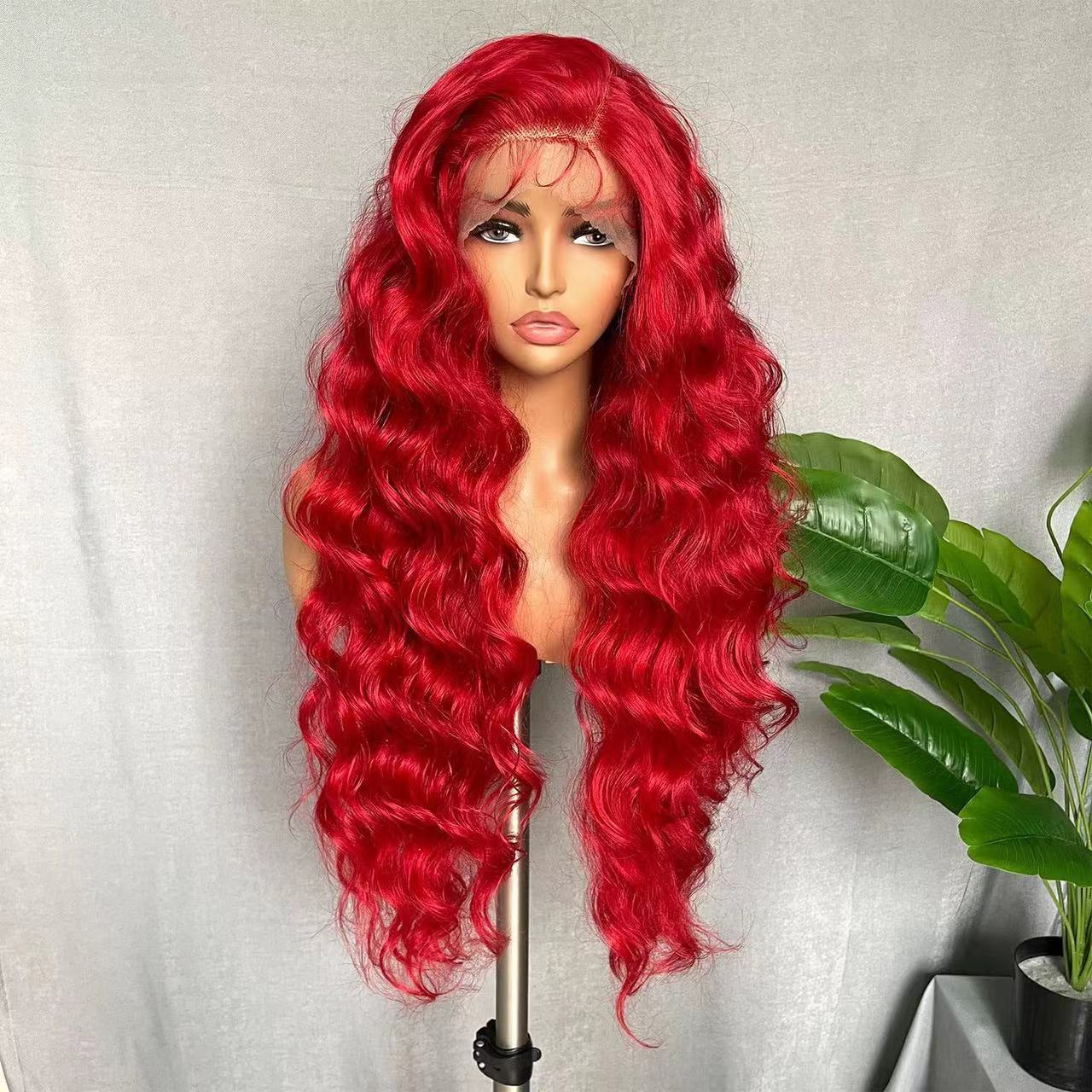 Red Long Curly Hair Big Wave Fluffy Lace Hair Cover Image 1
