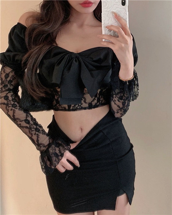 Square Neck Women's Short Bow Lace Stitching Shirt Image 10