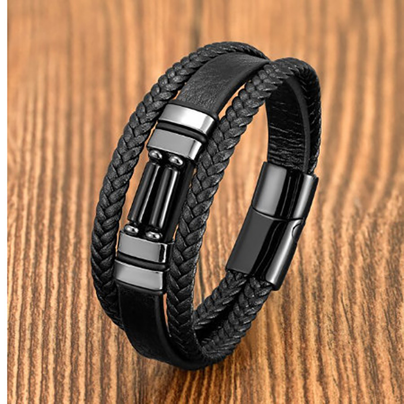 Stainless Steel Magnetic Buckle Round Tube Tiger's Eye Leather Bracelet 8