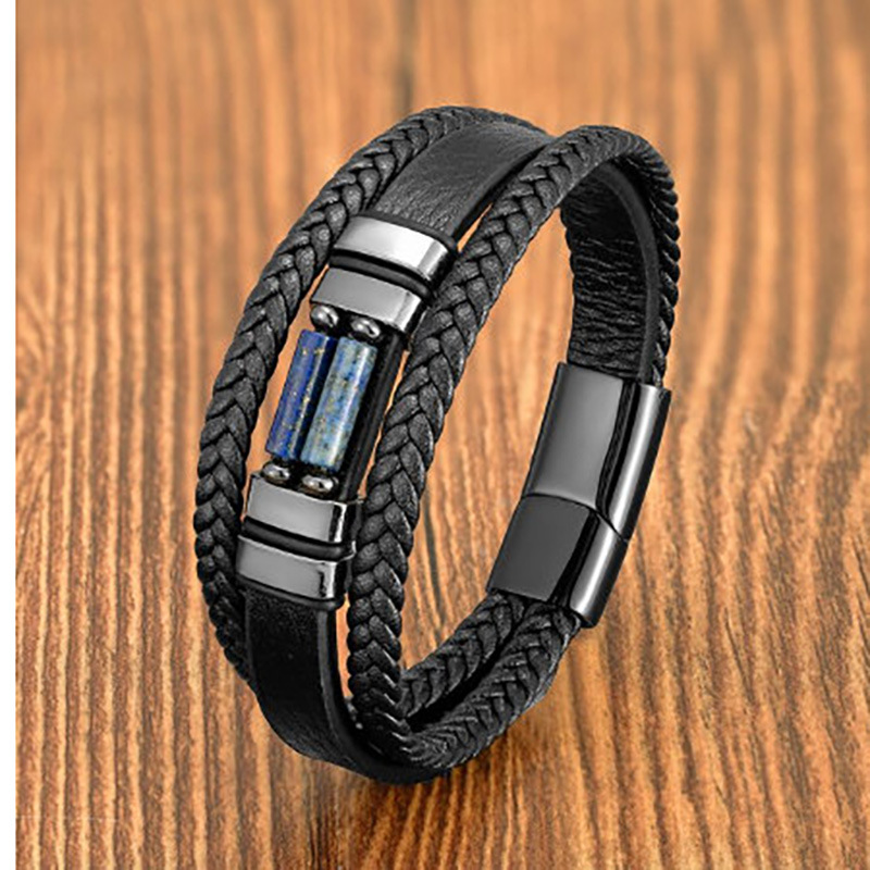 Stainless Steel Magnetic Buckle Round Tube Tiger's Eye Leather Bracelet 6