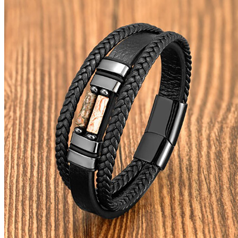 Stainless Steel Magnetic Buckle Round Tube Tiger's Eye Leather Bracelet 9