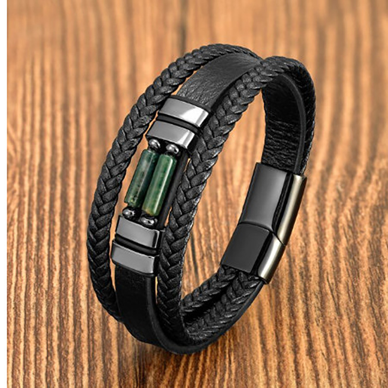 Stainless Steel Magnetic Buckle Round Tube Tiger's Eye Leather Bracelet 11