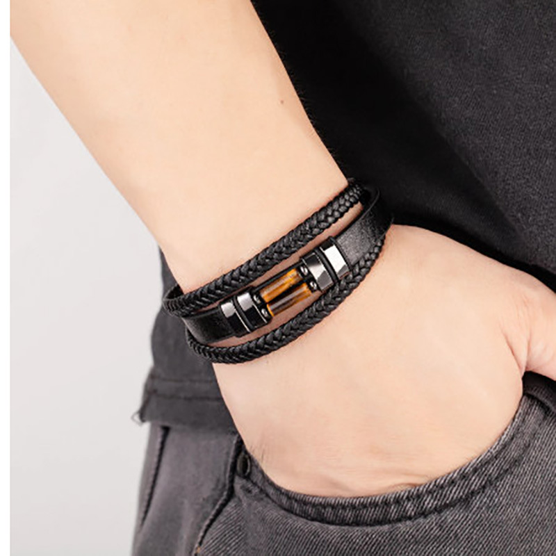 Stainless Steel Magnetic Buckle Round Tube Tiger's Eye Leather Bracelet 1
