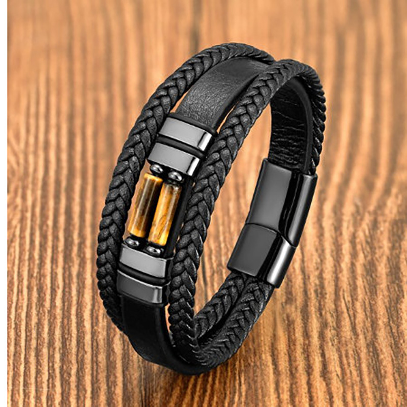 Stainless Steel Magnetic Buckle Round Tube Tiger's Eye Leather Bracelet 2