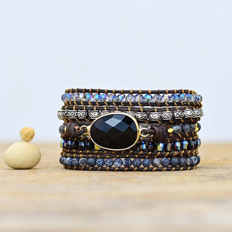 Fashion Natural Obsidian Cowhide Woven Bracelet Image 1