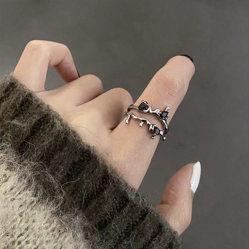 Silber Mikro-Strass Schwarzer Blumenzweig Ring Bild 1