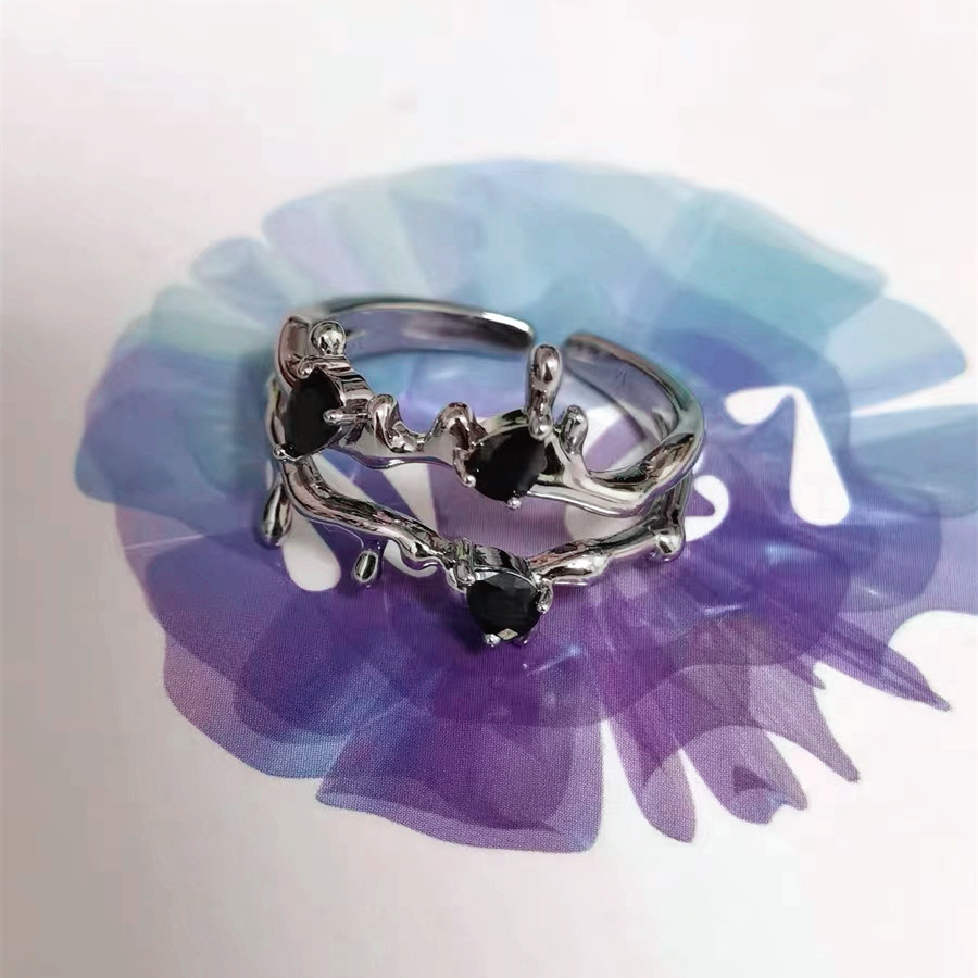 Silber Mikro-Strass Schwarzer Blumenzweig Ring Bild 6