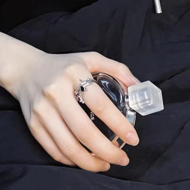 Silber Mikro-Strass Schwarzer Blumenzweig Ring Bild 8