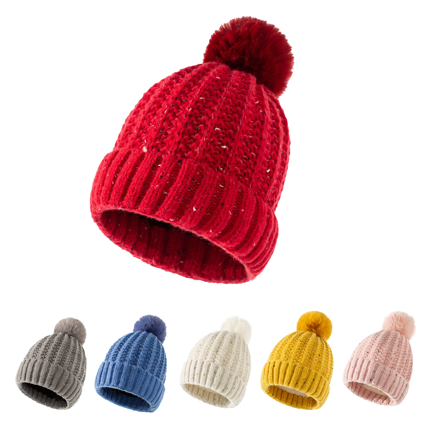 Fleece-lined Warm Fur Ball Hat - Side View