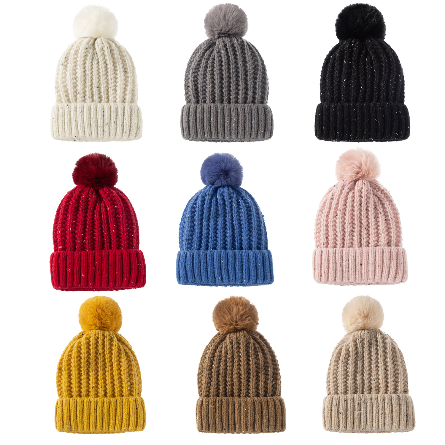 Fleece-lined Warm Fur Ball Hat - Black