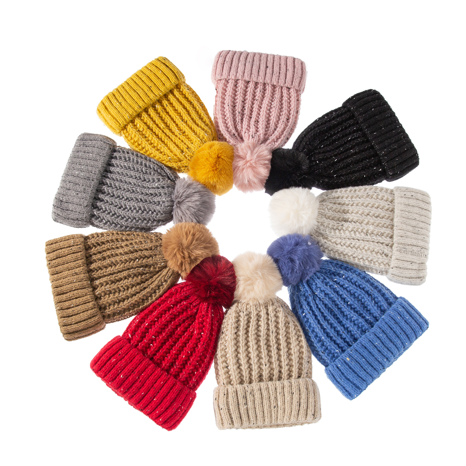 Fleece-lined Warm Fur Ball Hat - Gray