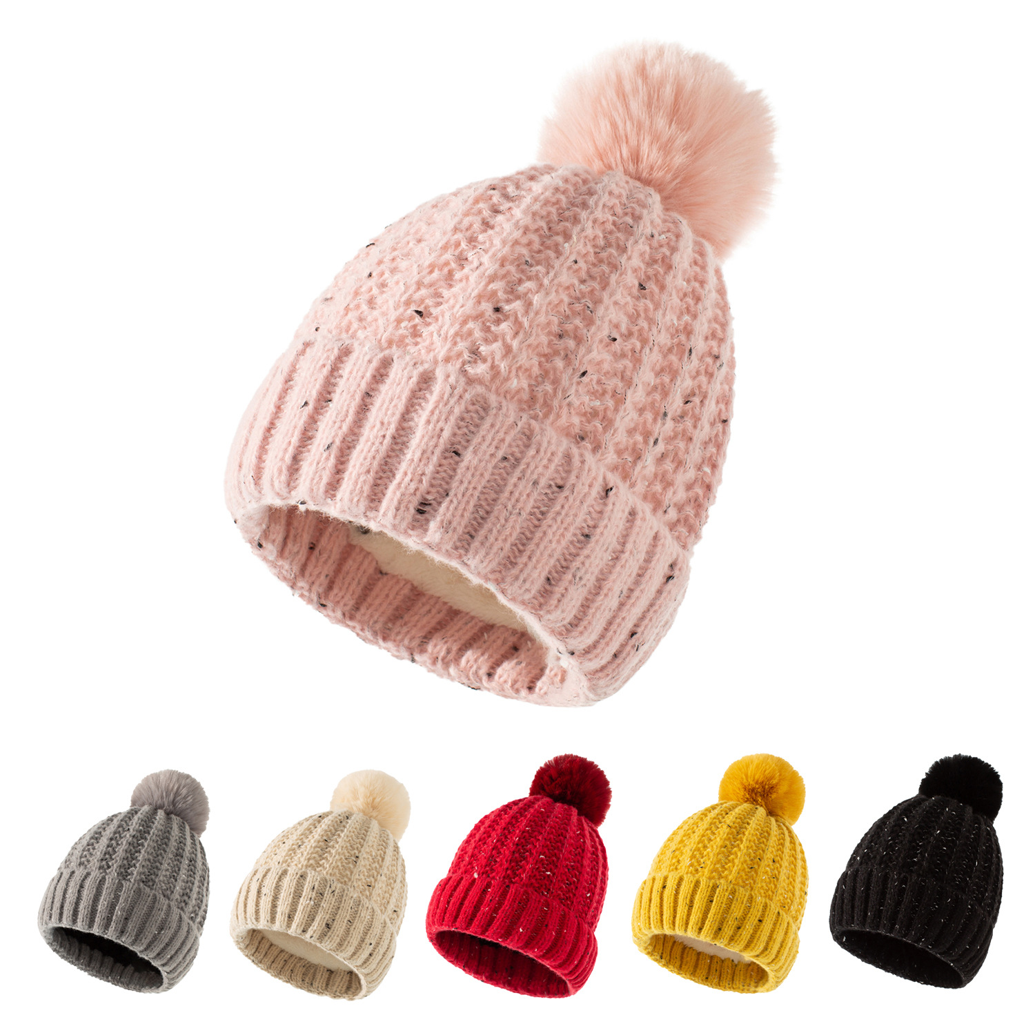Fleece-lined Warm Fur Ball Hat - Pink