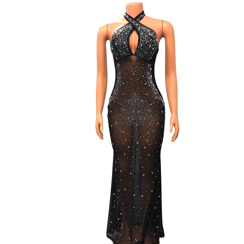 Women's Mesh See-through Rhinestone Dress Image 6