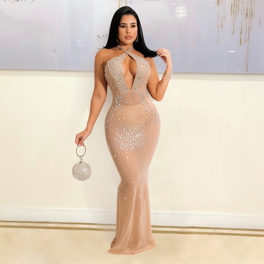 Women's Mesh See-through Rhinestone Dress Image 5