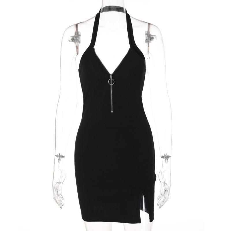 V-neck Zipper Halter Backless Split Dress Image 3
