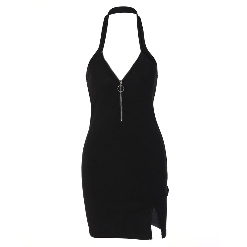 V-neck Zipper Halter Backless Split Dress Image 5