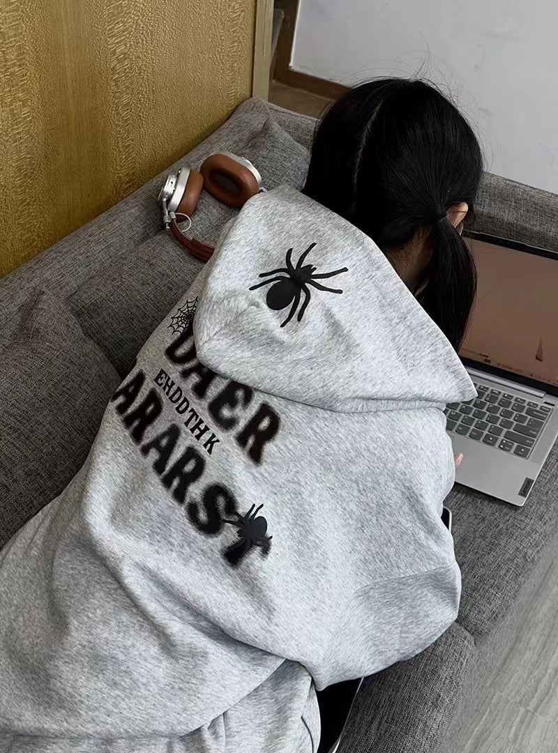 Spider Letter Hooded Sweater Styled Look