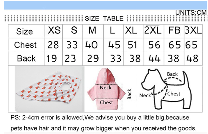 Cooling Vest for Dogs & Cats size chart