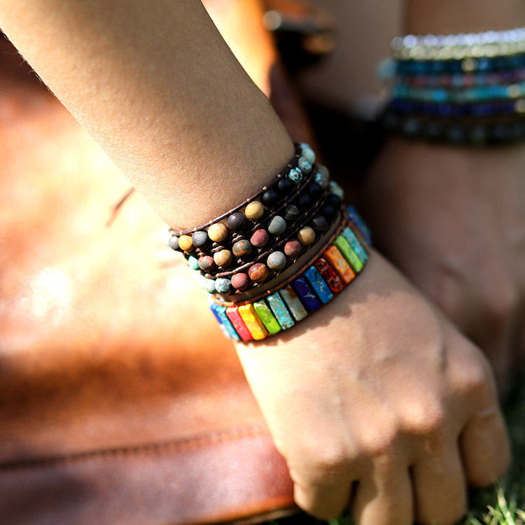 Frosted Stone Creative Beaded Hand-woven Leather Bracelet