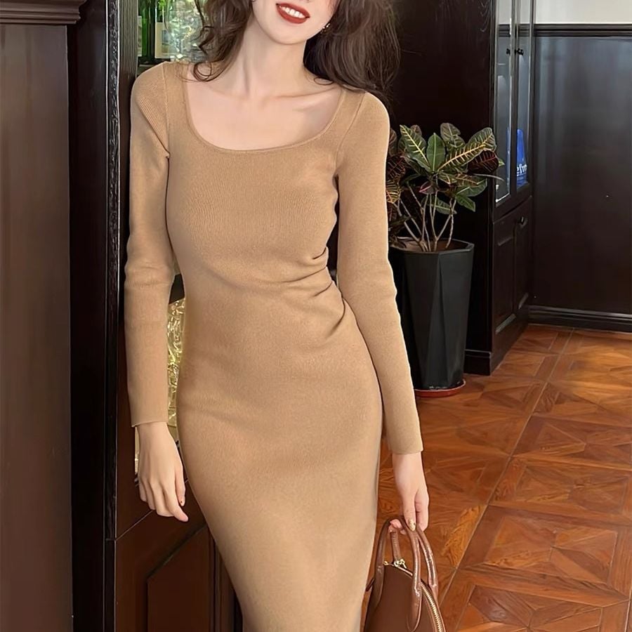 Retro Square Collar Knitted Dress Image 5