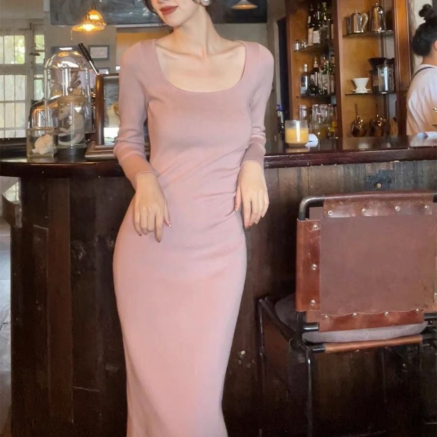 Retro Square Collar Knitted Dress Image 1
