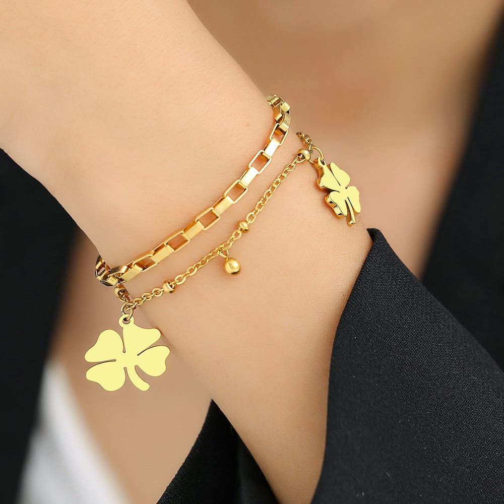 Lucky Clover Pendant Titanium Steel Bracelet Gold