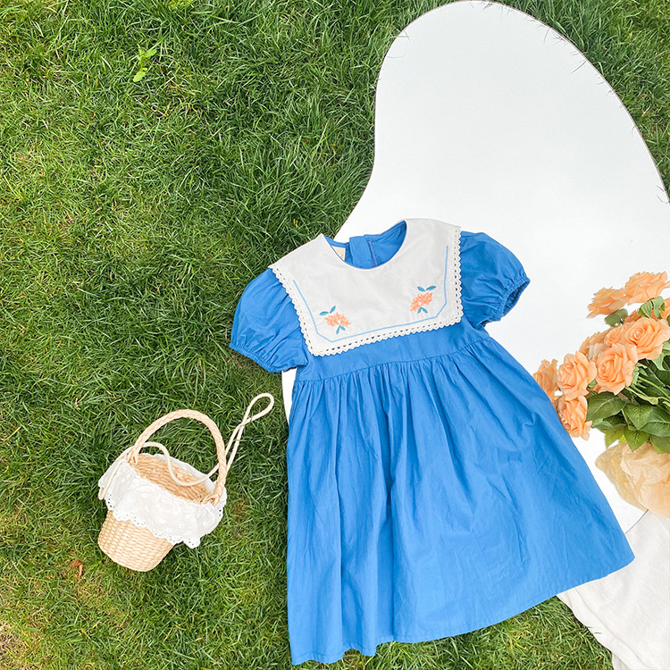 Navy embroidered floral dress side view