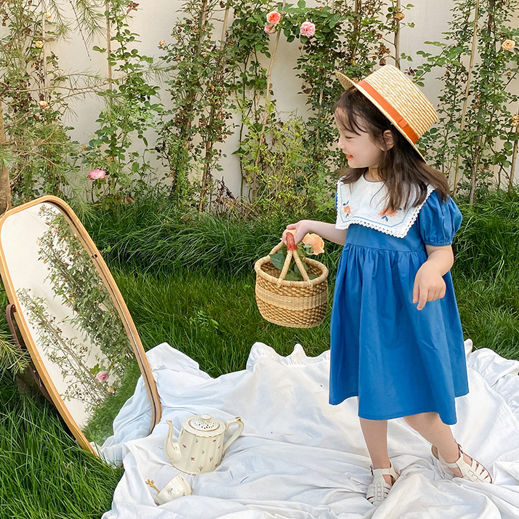 Navy embroidered floral dress front view