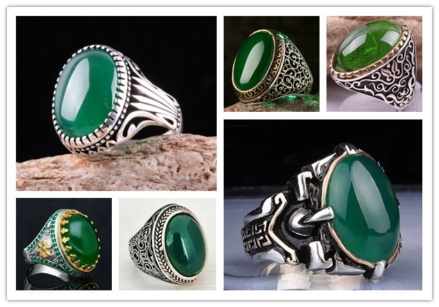 Vintage Natural Emerald Carved Totem Men's Ring 4