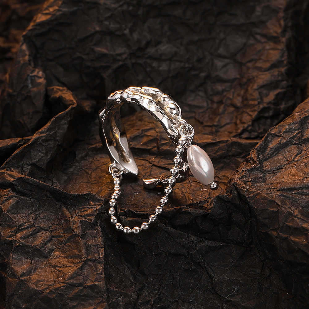  Silver Double-layer Irregular Cross Pearl Ring