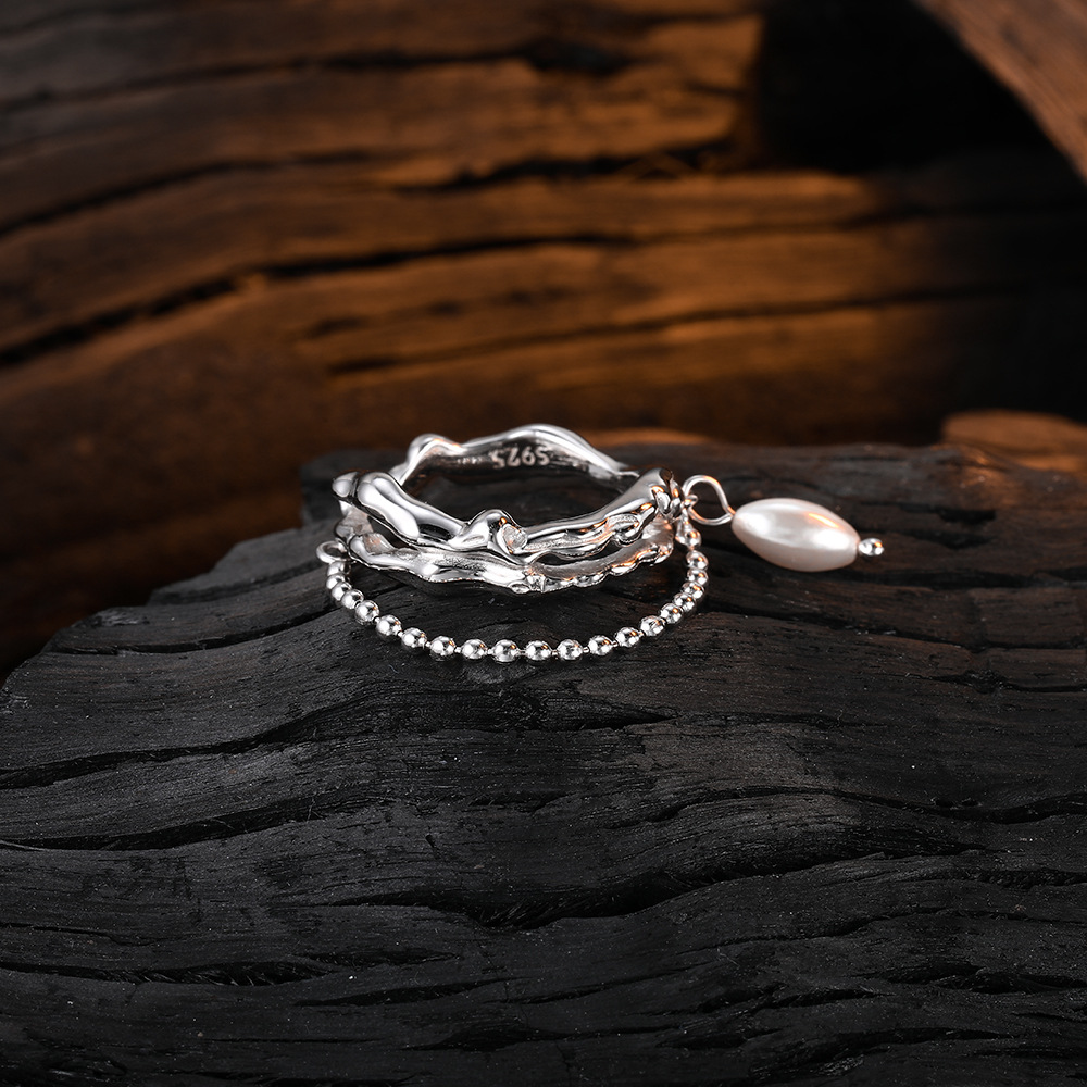  Silver Double-layer Irregular Cross Pearl Ring