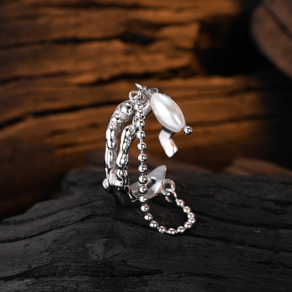  Silver Double-layer Irregular Cross Pearl Ring