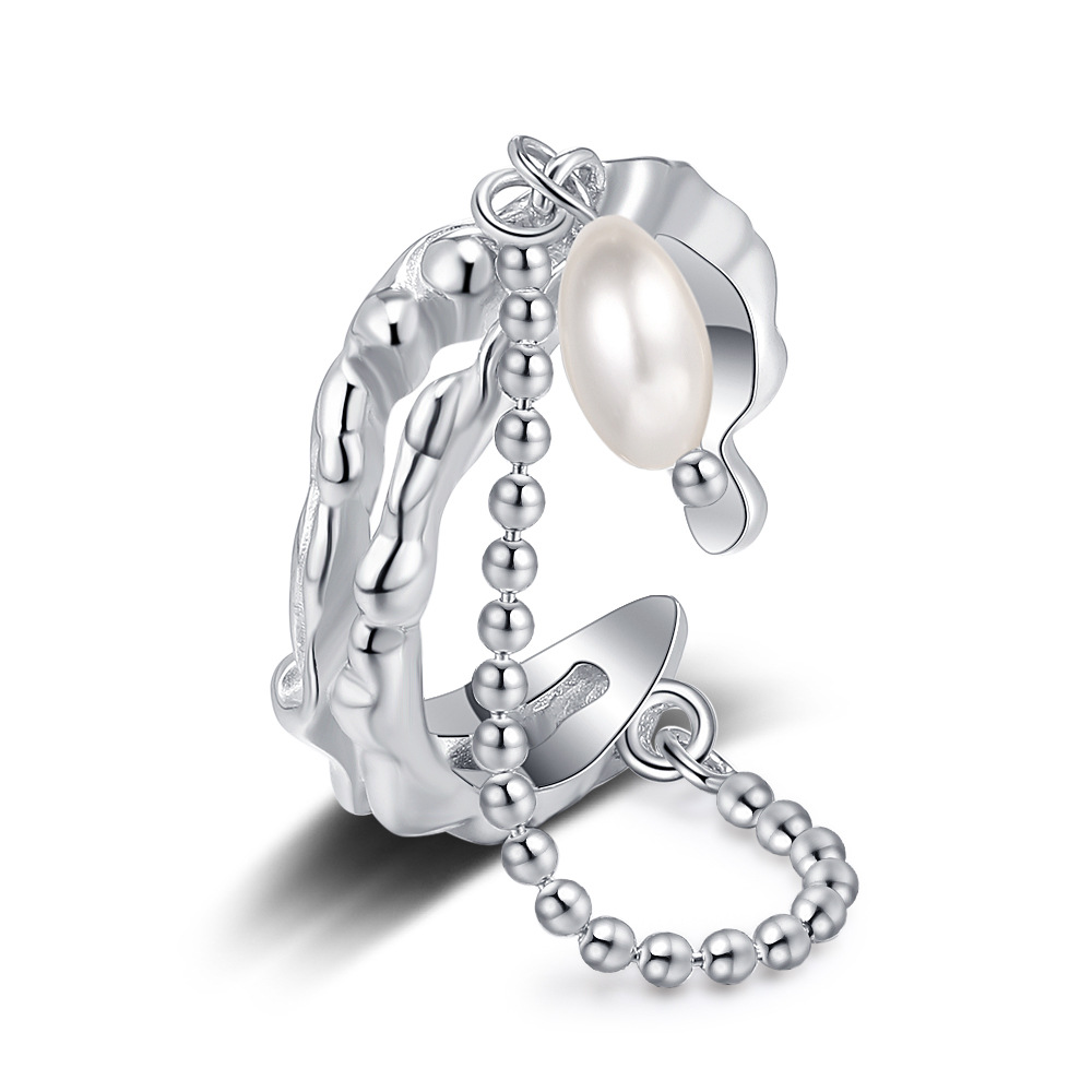  Silver Double-layer Irregular Cross Pearl Ring