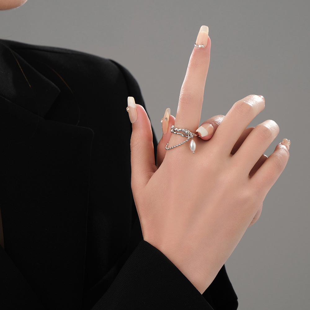  Silver Double-layer Irregular Cross Pearl Ring