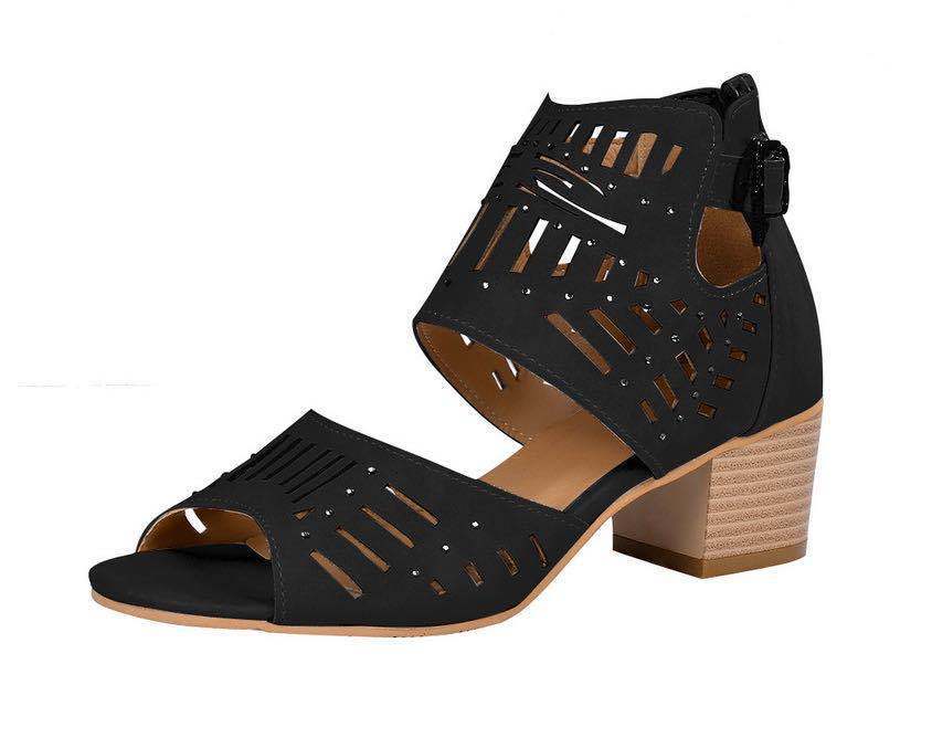 Hollow Carved Thick Heel Ladies Sandals