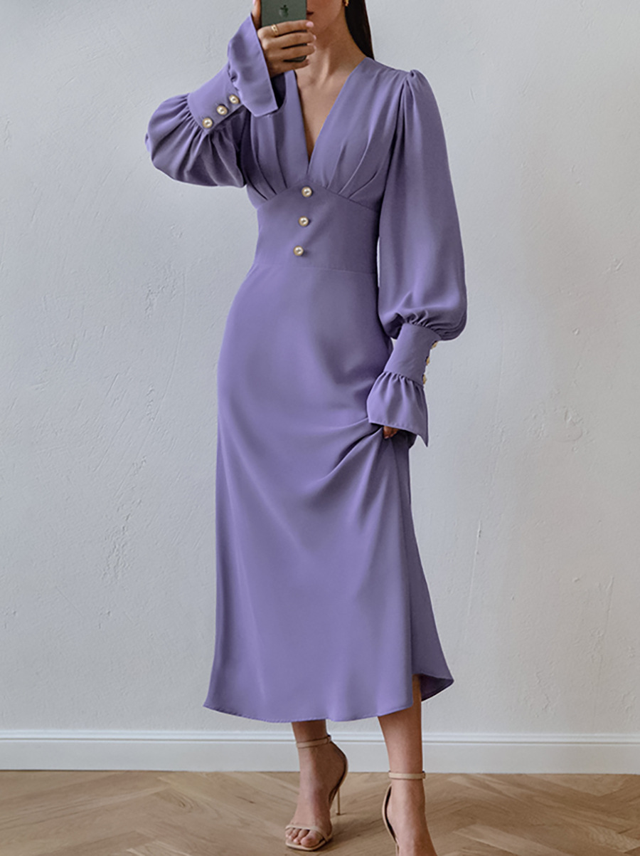 V-neck Slim-fit French Lantern Sleeve Dress Image 3