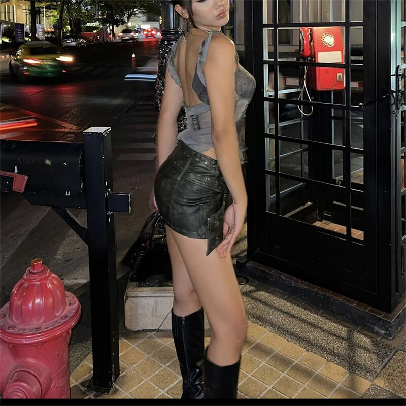 Vintage Worn Cross Belt Leather Miniskirt Image 3