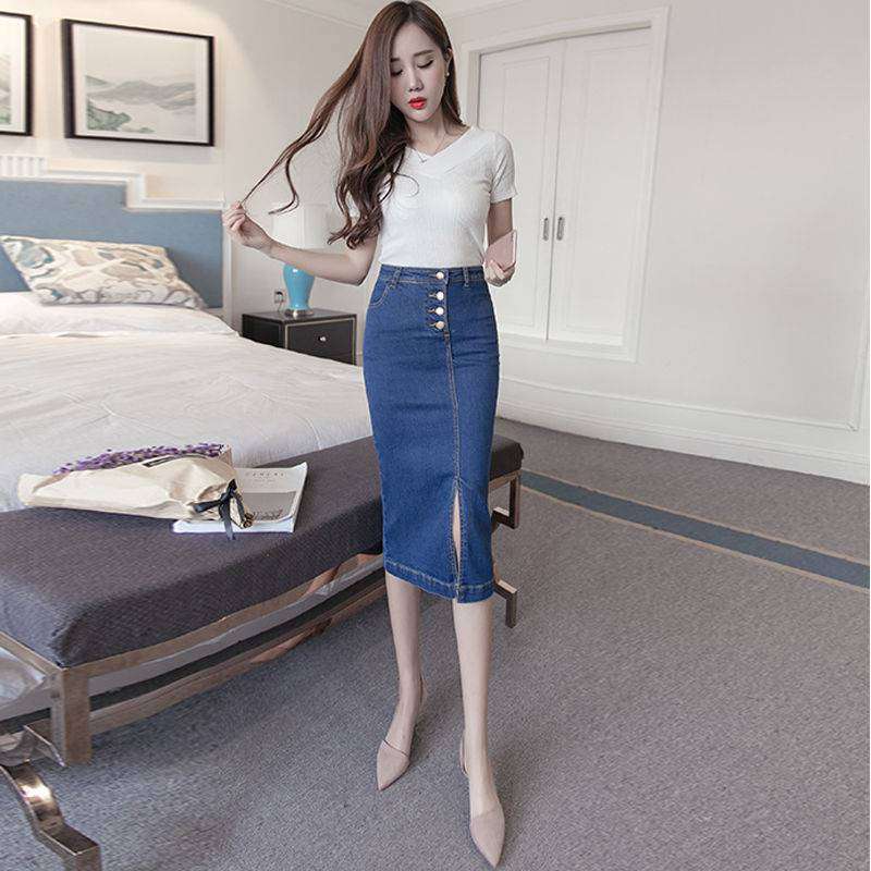 High Waist Denim One Step Breasted Hip Skirt Image 5