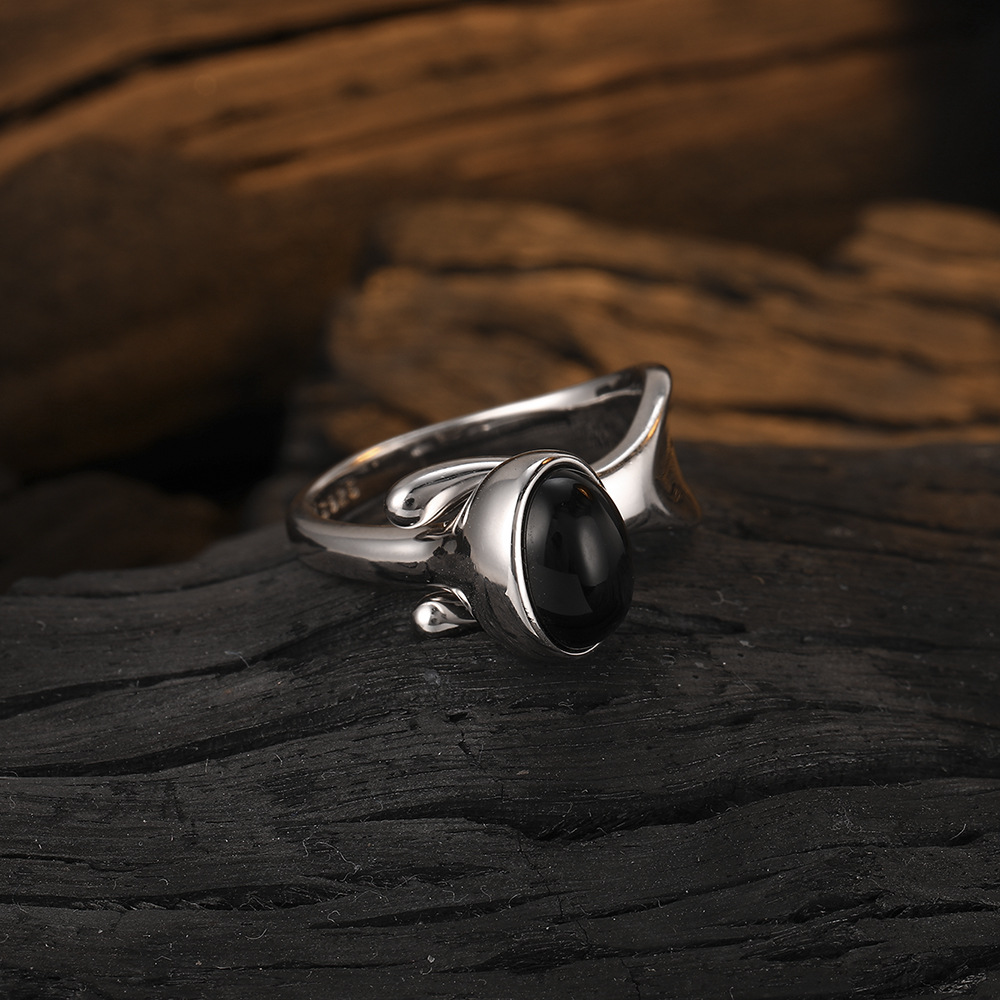 S925 Natural Black Agate Ring