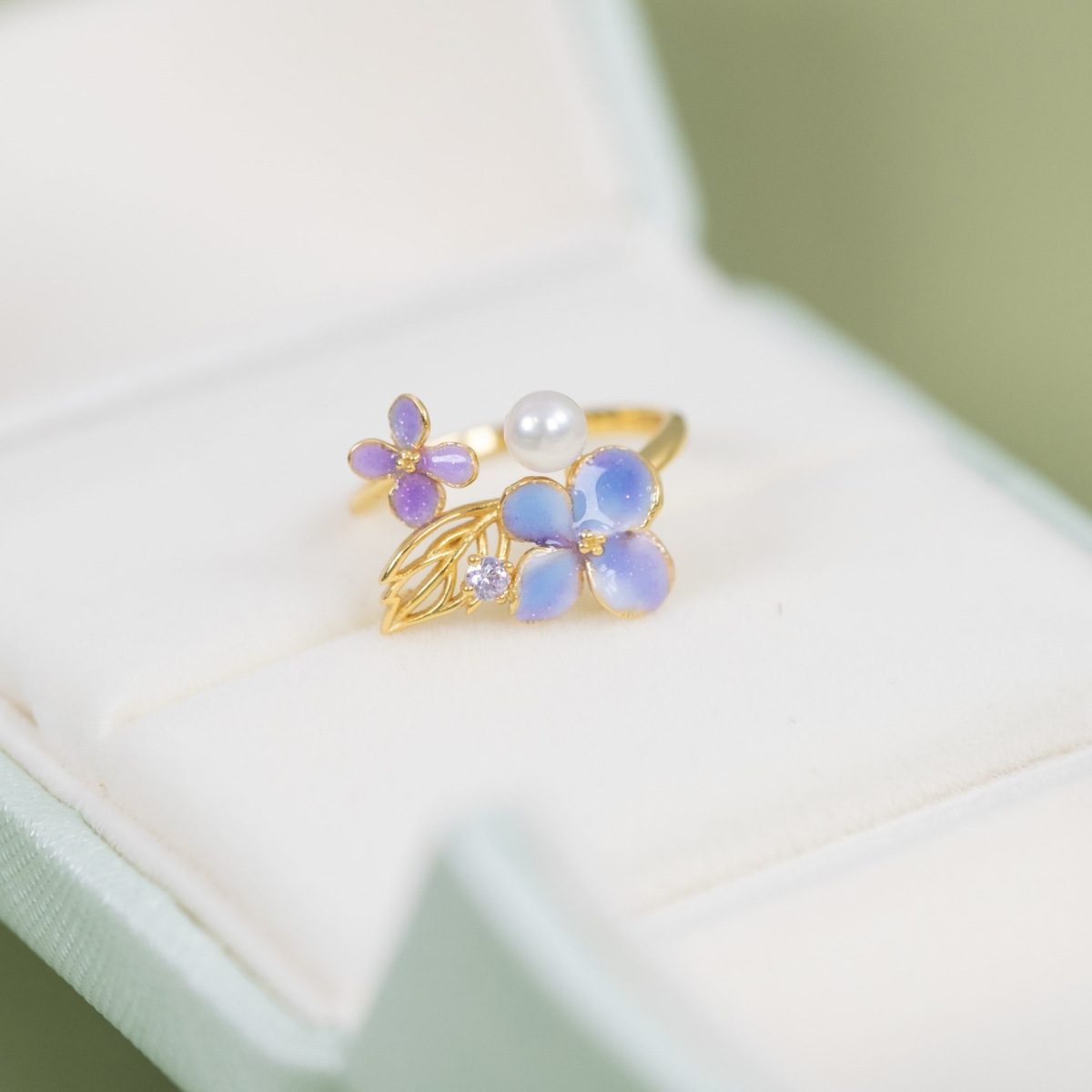 S925 Freshwater Pearl Enamel Hydrangea Ring 5