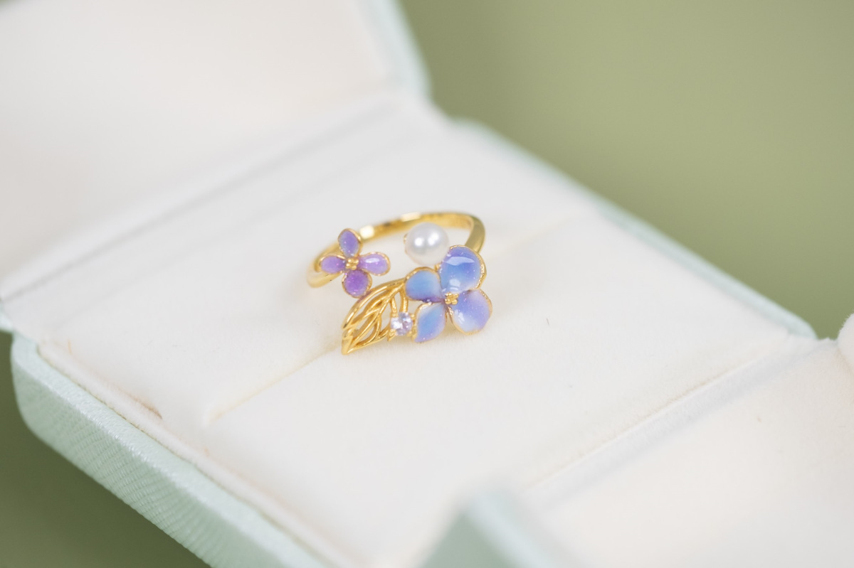 S925 Freshwater Pearl Enamel Hydrangea Ring 4