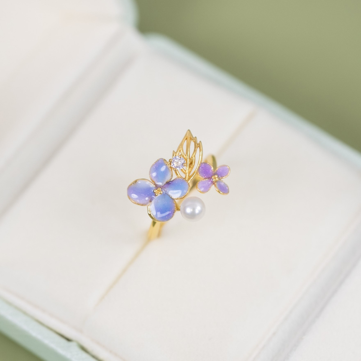 S925 Freshwater Pearl Enamel Hydrangea Ring 3