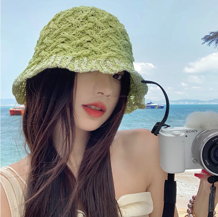 Hollow Straw Bucket Hat Green