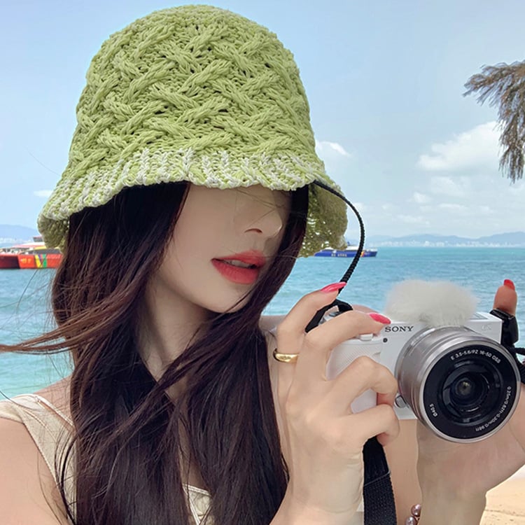 Hollow Straw Bucket Hat Beige