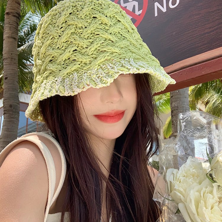 Hollow Straw Bucket Hat Khaki