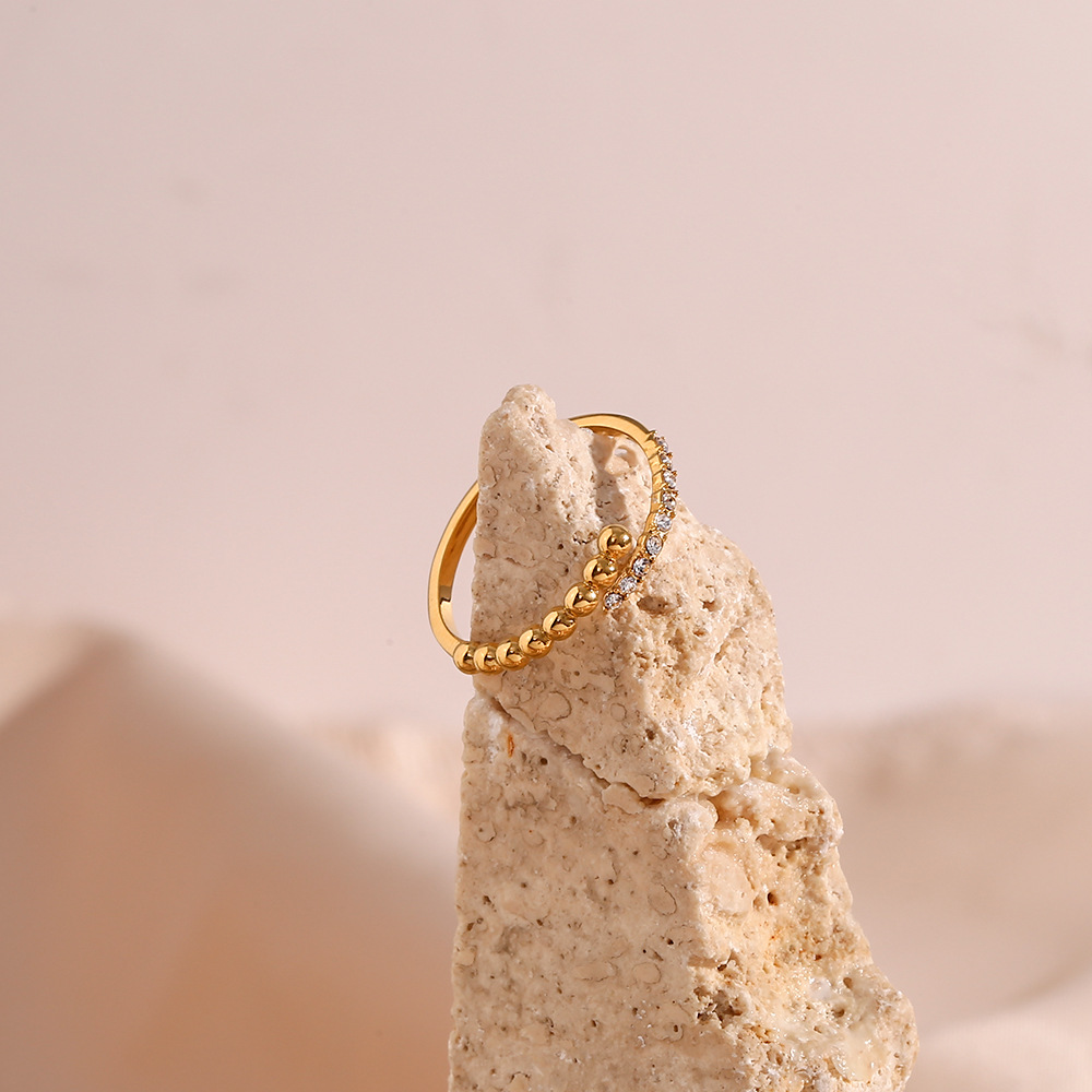 Women's Stainless Steel Asymmetric Beads Open-end Zircon Ring