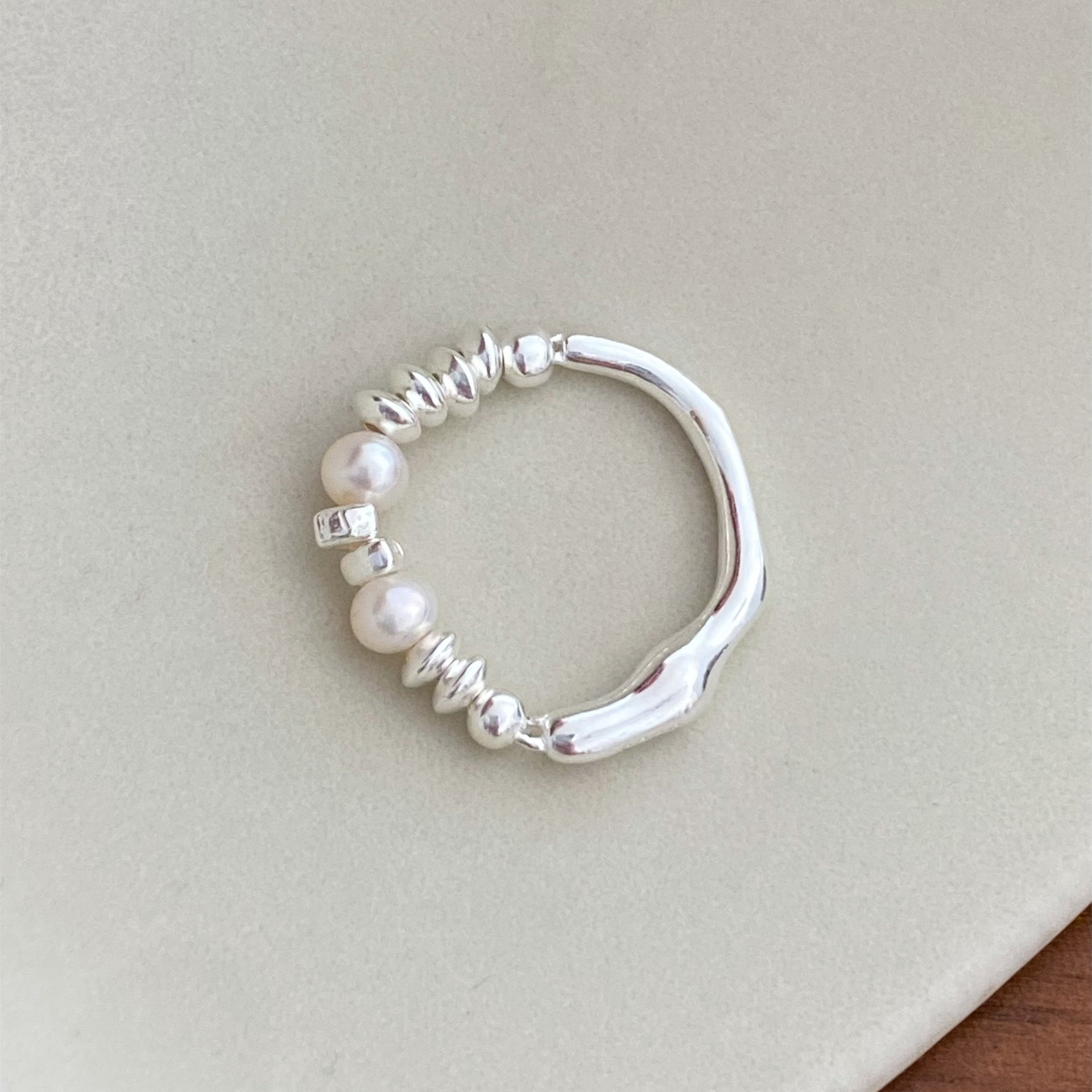925 Sterling Silver Irregular Liquid Streamline Pearl Ring 5