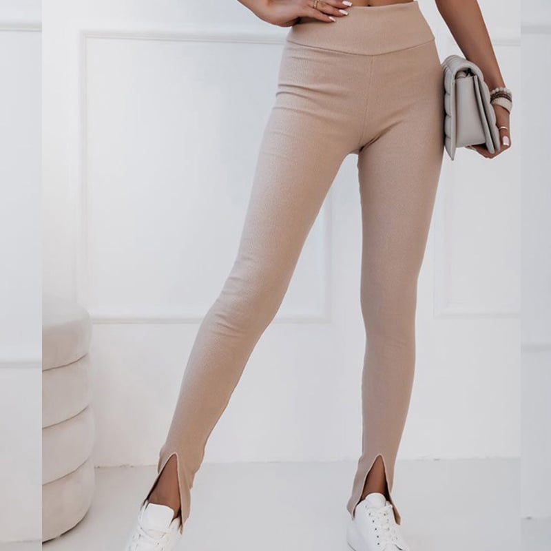 Black Rib Knitted High Waist Slit Leggings