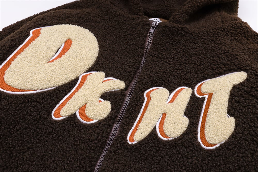 Embroidered Teddy Bear Ear Hooded Lamb Wool Coat